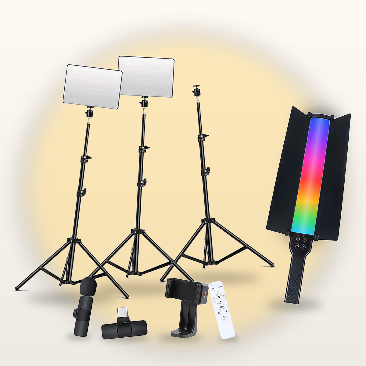 Studio Offer – Complete Content Creator Kit (2 Lights + 3 Tripods + Wireless Mic + RGB Stick)