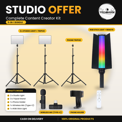 Studio Offer – Complete Content Creator Kit (2 Lights + 3 Tripods + Wireless Mic + RGB Stick)